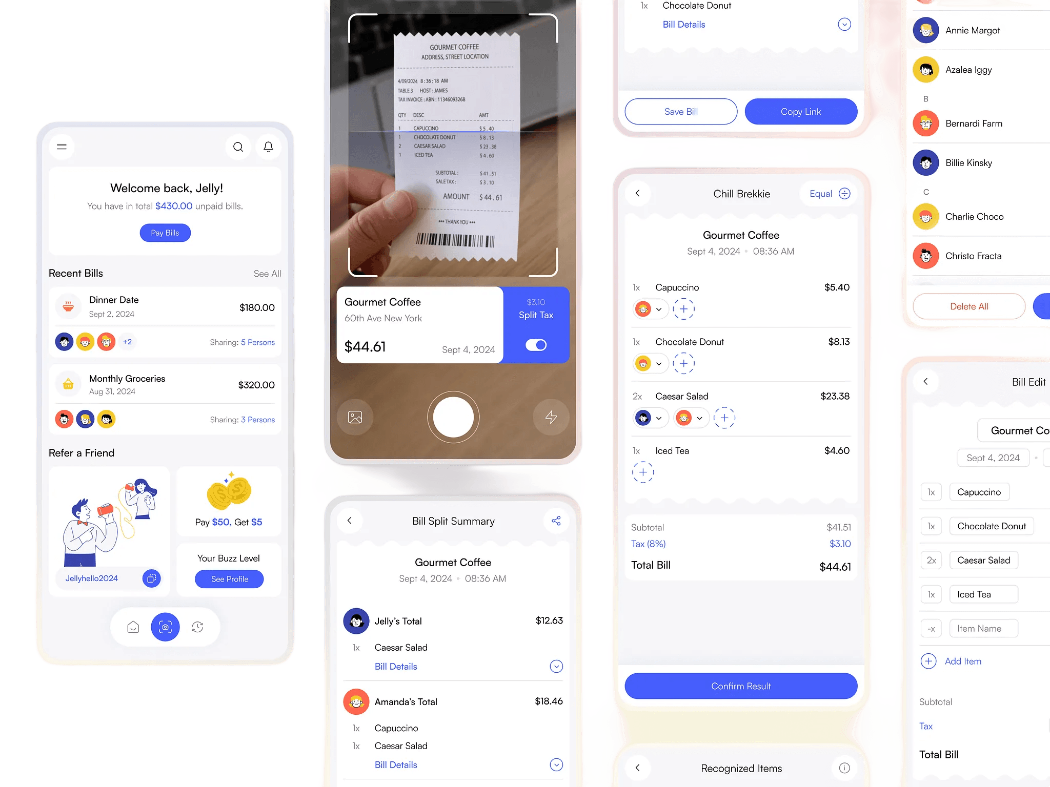 Rafiki Split app screens showing receipt scanning and bill splitting